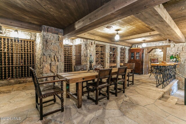 wine room with beam ceiling and wood ceiling