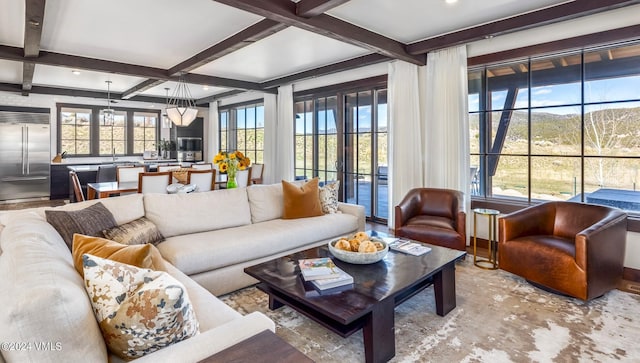 367 Hunters View Ln, Eagle, CO 81631 - living area with coffered ceiling, beamed ceiling, and recessed lighting