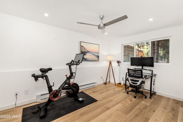 workout room featuring a baseboard radiator, light wood-type flooring, recessed lighting, a ceiling fan, and baseboards