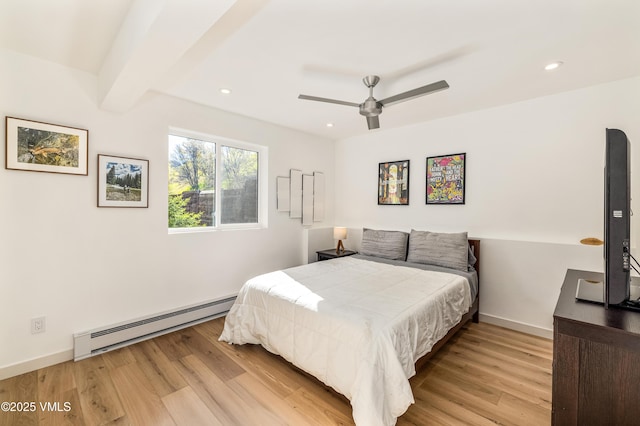 bedroom featuring a baseboard radiator, light wood finished floors, recessed lighting, baseboards, and beamed ceiling