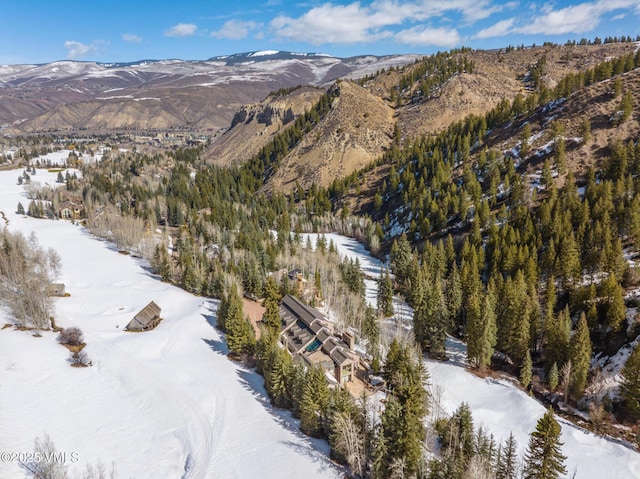 snowy aerial view with a mountain view