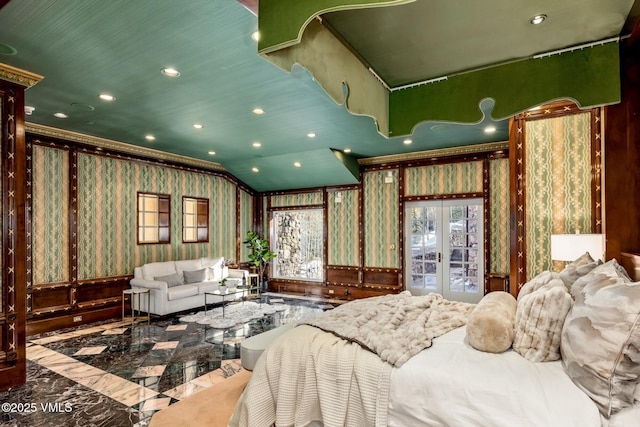 bedroom featuring wallpapered walls, lofted ceiling, recessed lighting, french doors, and marble finish floor