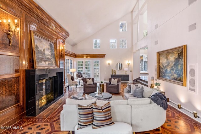 living area featuring a multi sided fireplace