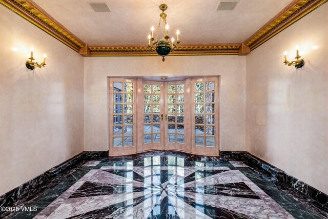 interior space with visible vents, a notable chandelier, marble finish floor, french doors, and baseboards