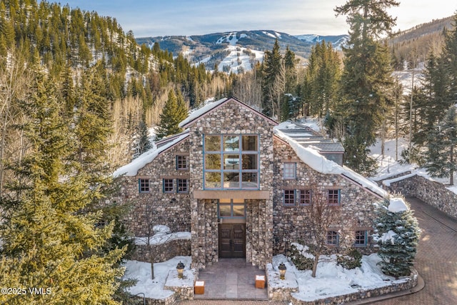 exterior space featuring a mountain view, a view of trees, and stone siding