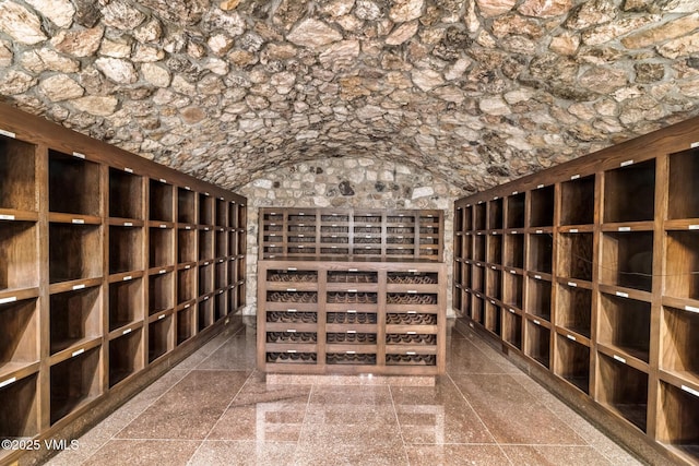 wine room featuring lofted ceiling and granite finish floor