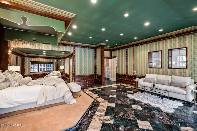 bedroom featuring wallpapered walls and crown molding