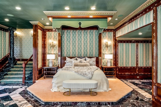 bedroom with wallpapered walls, recessed lighting, and marble finish floor