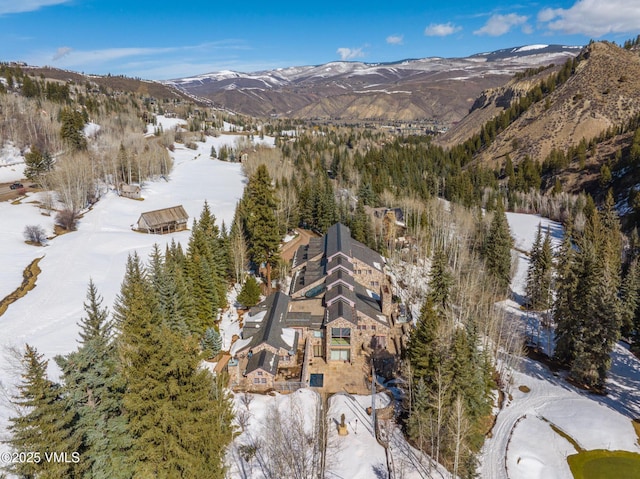 snowy aerial view with a mountain view