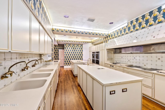 kitchen with light countertops, an island with sink, wood finished floors, electric stovetop, and a sink