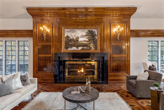 sitting room with a fireplace with flush hearth