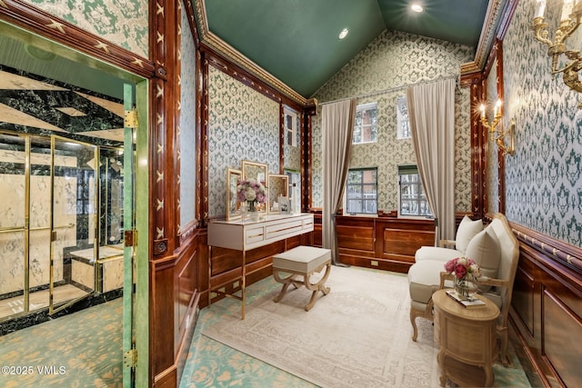 sitting room featuring recessed lighting, wainscoting, wallpapered walls, and lofted ceiling