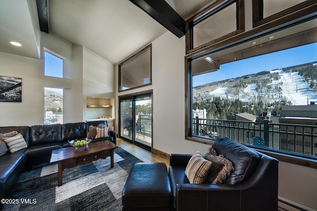 508 E Lionshead Cir Unit 502, Vail, CO 81657 - living room featuring wood finished floors, a baseboard heating unit, healthy amount of natural light, beam ceiling, and high vaulted ceiling