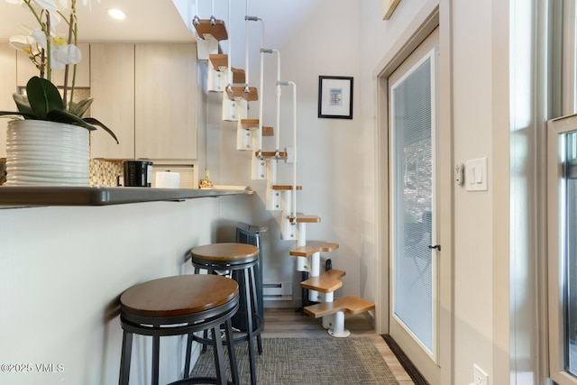 1552 Matterhorn Cir Unit 9, Vail, CO 81657 - bar area featuring wood finished floors, baseboard heating, and recessed lighting