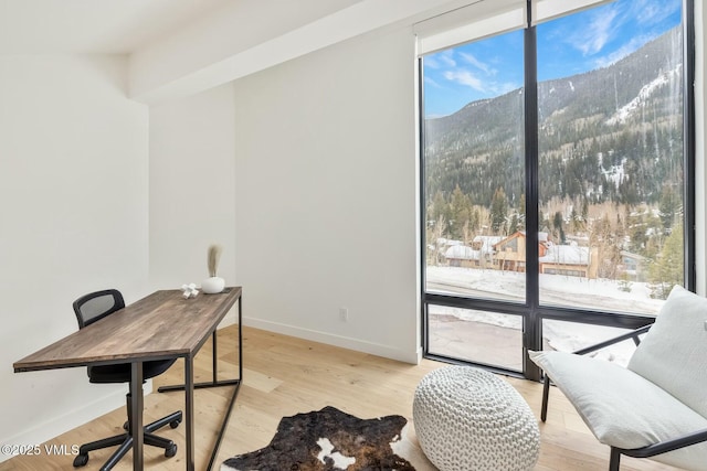 office featuring floor to ceiling windows, a mountain view, baseboards, and wood finished floors