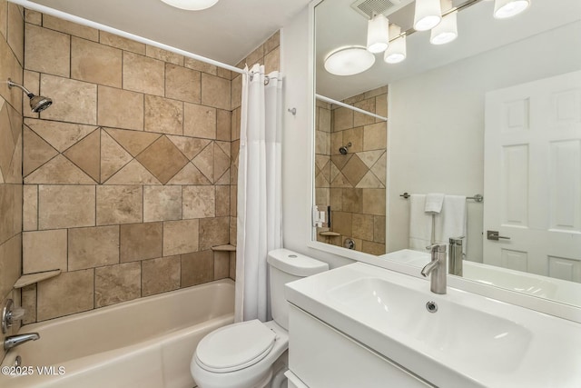 full bath with toilet, vanity, visible vents, and shower / tub combo with curtain