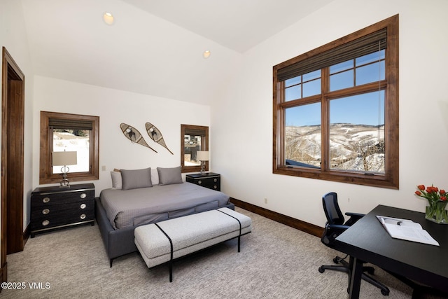 carpeted bedroom featuring a mountain view