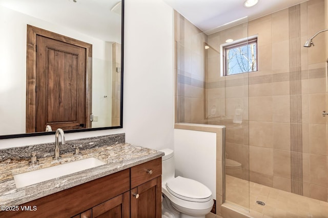 bathroom featuring a shower with door, vanity, and toilet