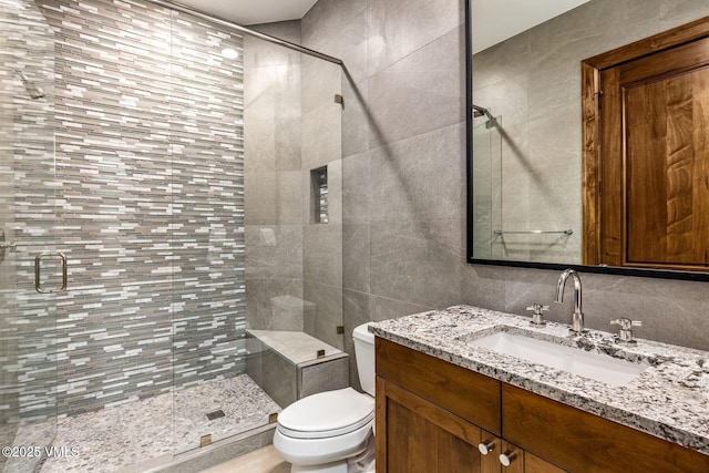 bathroom with vanity, a shower with shower door, and toilet