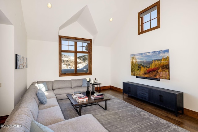 living room with dark hardwood / wood-style flooring and high vaulted ceiling