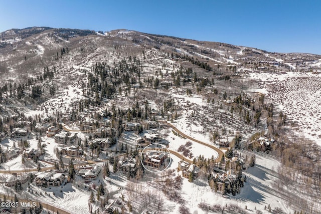 snowy aerial view with a mountain view