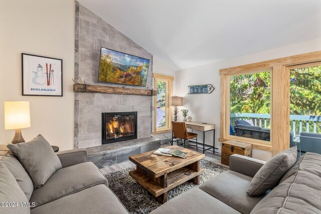 living room featuring wood-type flooring, lofted ceiling, and a fireplace