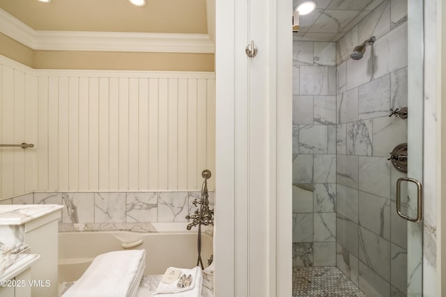 1 Willow Bridge Rd Unit 36, Vail, CO 81657 - full bath with a shower stall, a bath, vanity, and a wainscoted wall