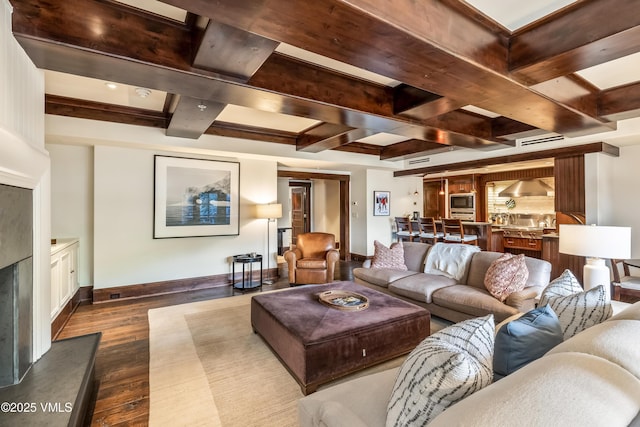 1 Willow Bridge Rd Unit 36, Vail, CO 81657 - living area with coffered ceiling, dark wood-style flooring, beamed ceiling, and baseboards