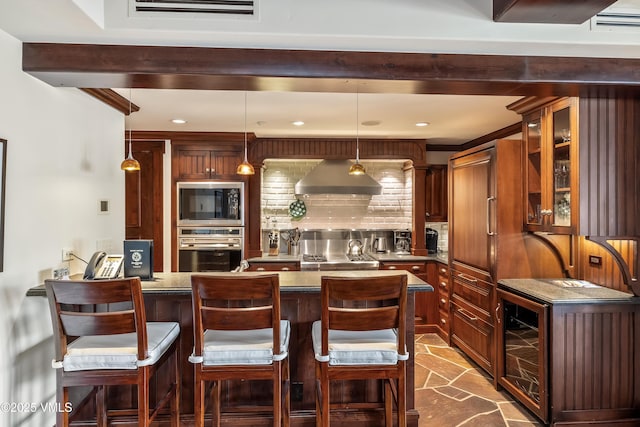 1 Willow Bridge Rd Unit 36, Vail, CO 81657 - kitchen with oven, beverage cooler, built in microwave, backsplash, and glass insert cabinets