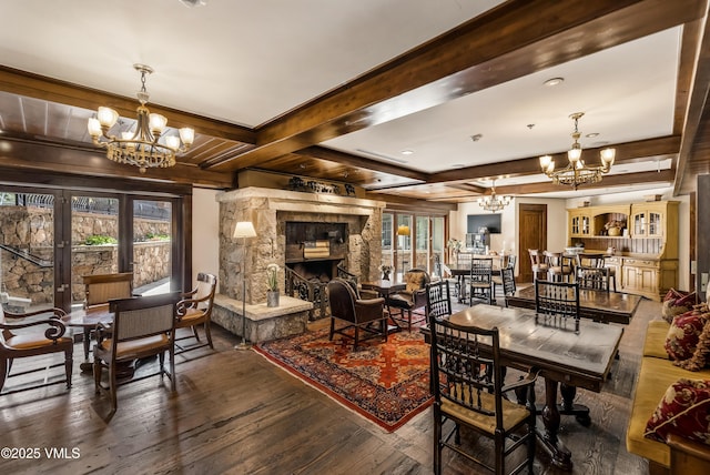1 Willow Bridge Rd Unit 36, Vail, CO 81657 - dining room with a chandelier, beamed ceiling, wood-type flooring, and plenty of natural light