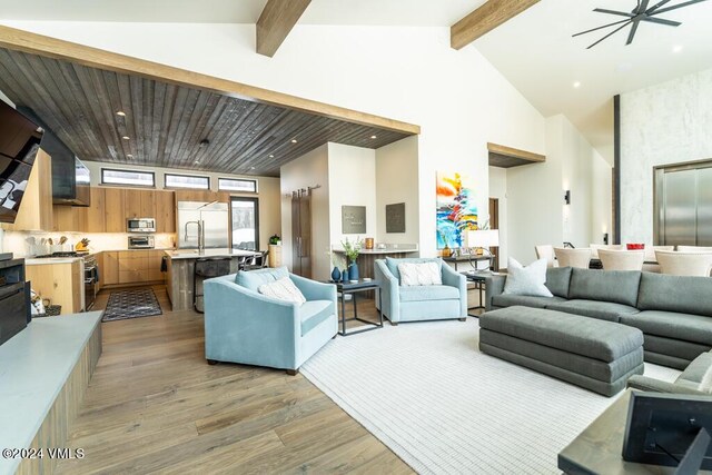 living room featuring beam ceiling, light hardwood / wood-style flooring, and high vaulted ceiling