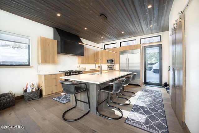 kitchen with sink, appliances with stainless steel finishes, a kitchen breakfast bar, an island with sink, and custom range hood