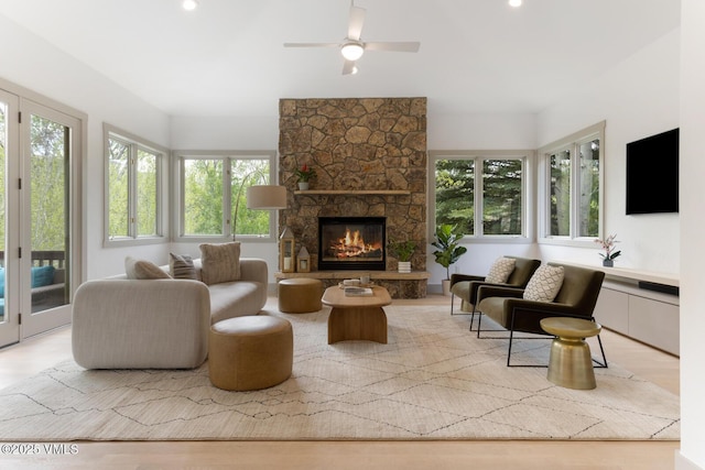 220 Singletree Rd, Edwards, CO 81632 - living room featuring wood finished floors, ceiling fan, a fireplace, and recessed lighting