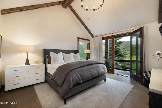 44 Conestoga Cir, Edwards, CO 81632 - bedroom featuring access to exterior, high vaulted ceiling, beam ceiling, wood finished floors, and a chandelier