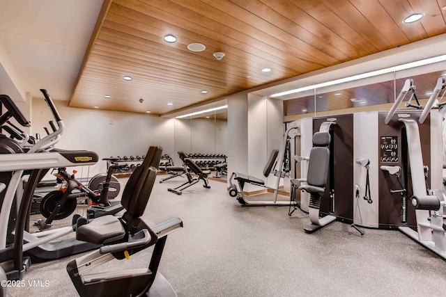 gym with recessed lighting and wooden ceiling