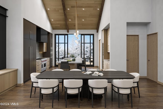 dining room with dark hardwood / wood-style flooring, wood ceiling, and high vaulted ceiling