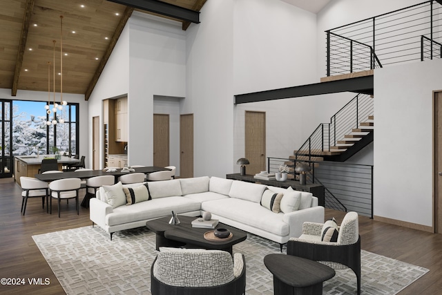 living room featuring beam ceiling, dark hardwood / wood-style flooring, high vaulted ceiling, and a chandelier