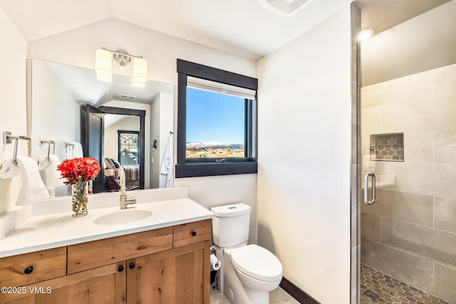 481 Hunters View Ln, Eagle, CO 81631 - bathroom featuring a shower with door, vanity, lofted ceiling, and toilet