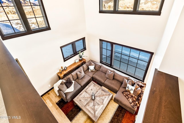 481 Hunters View Ln, Eagle, CO 81631 - living room featuring a high ceiling and hardwood / wood-style floors
