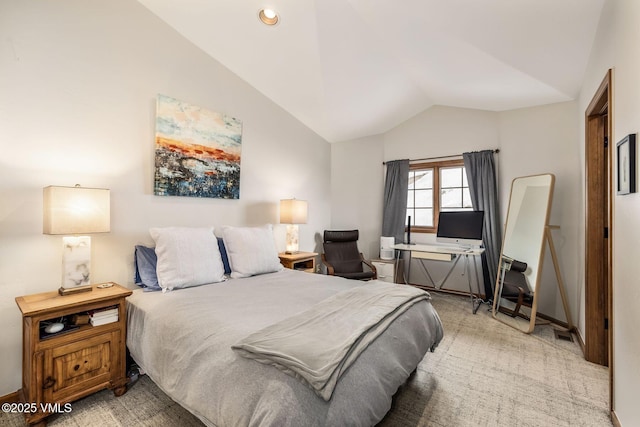 107 Lions Ln, Minturn, CO 81645 - bedroom with light carpet, baseboards, vaulted ceiling, and recessed lighting
