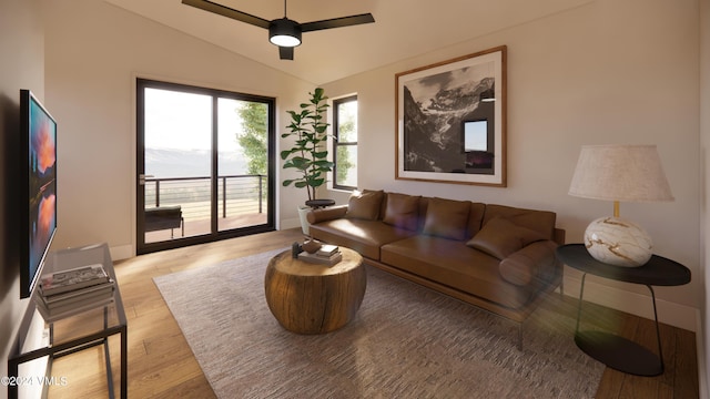 living room with lofted ceiling, light hardwood / wood-style flooring, and ceiling fan