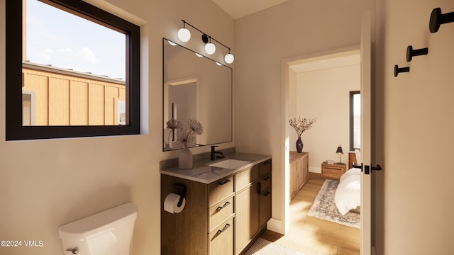 bathroom with vanity, hardwood / wood-style floors, and toilet