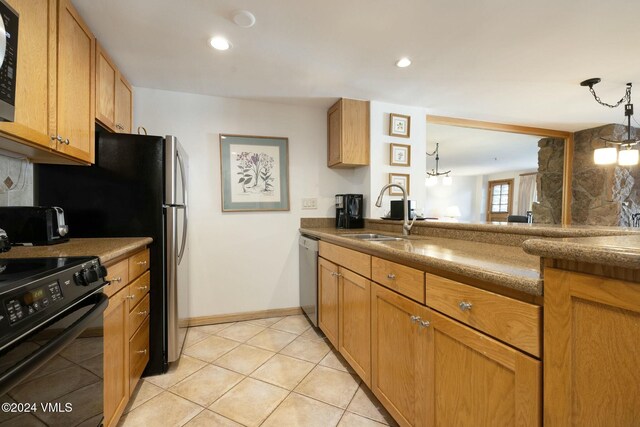 kitchen with sink, black electric range, light tile patterned floors, dishwasher, and decorative backsplash