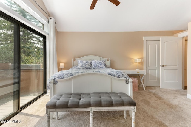 carpeted bedroom with lofted ceiling, access to outside, and ceiling fan