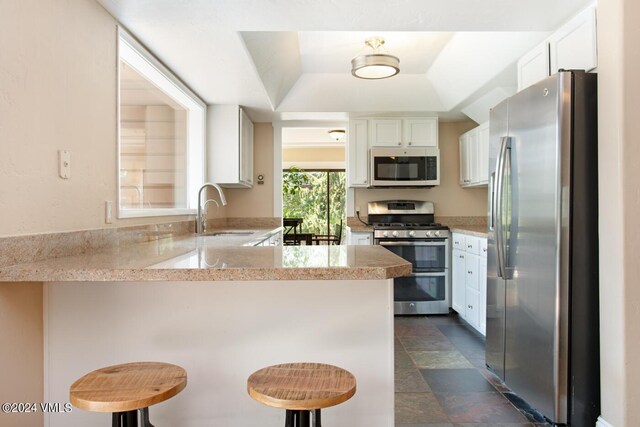 kitchen featuring appliances with stainless steel finishes, sink, a kitchen bar, and kitchen peninsula