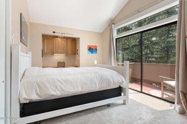 bedroom featuring lofted ceiling, light carpet, and access to exterior