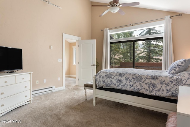 bedroom with a baseboard radiator, lofted ceiling, light carpet, and ceiling fan