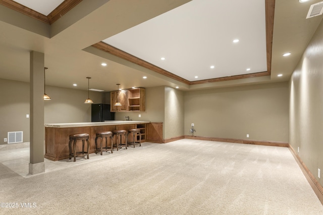 88 E Double Hitch, Eagle, CO 81631 - kitchen with freestanding refrigerator, a raised ceiling, light colored carpet, recessed lighting, and ornamental molding