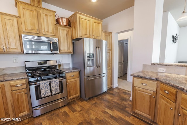 44 Salmon Loop, Gypsum, CO 81637 - kitchen with stainless steel appliances, dark wood-type flooring, and dark stone countertops