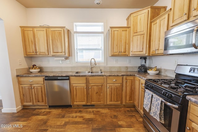 44 Salmon Loop, Gypsum, CO 81637 - kitchen featuring appliances with stainless steel finishes, a sink, dark wood finished floors, and dark countertops